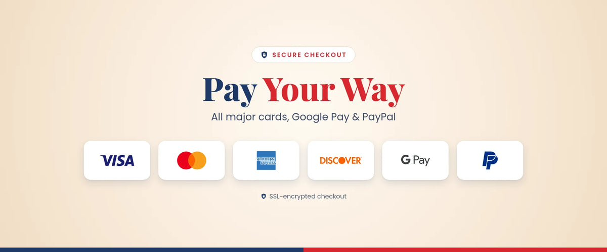 Pay Your Way: all major cards, Google Pay and PayPal