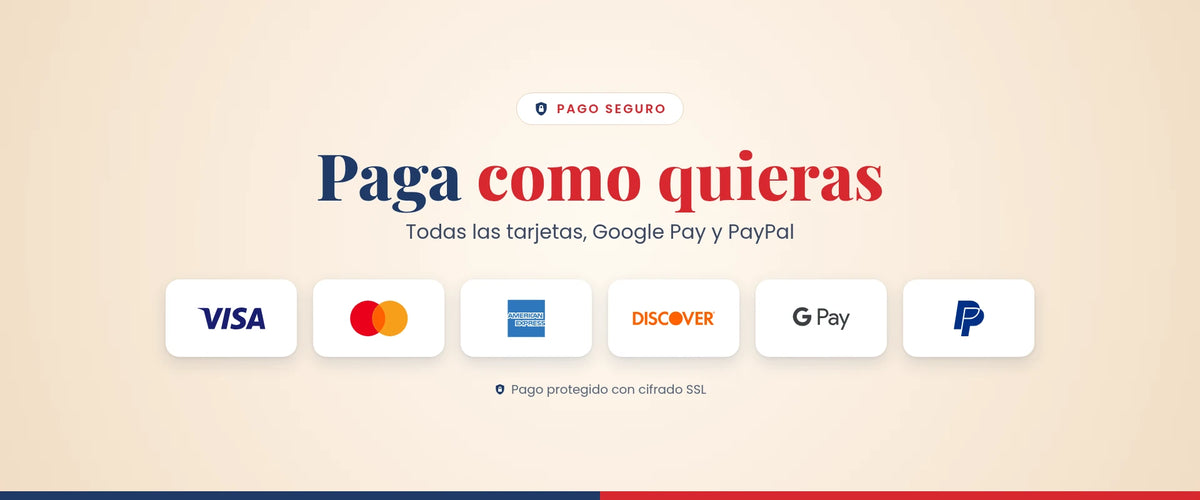 Paga como quieras: todas las tarjetas, Google Pay y PayPal; pago seguro